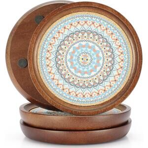Wooden Absorbent Coasters Set 4.7" Mandala Design Cork Base for Coffee Cups